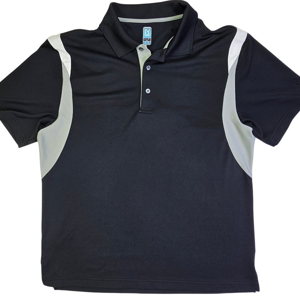 PGA Tour Mens Polo Shirt Large Black Grey Color Performance Golf Short Sleeve‎